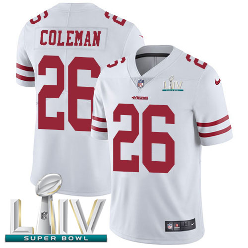 San Francisco 49ers Nike 26 Tevin Coleman White Super Bowl LIV 2020 Men Stitched NFL Vapor Untouchable Limited Jersey